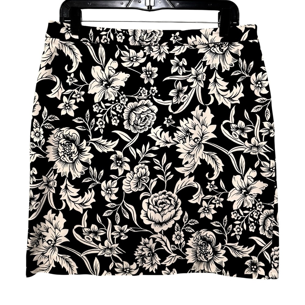 Valerie Stevens Petite 12P Black Cream Floral Pencil Skirt Mini Side Zipper